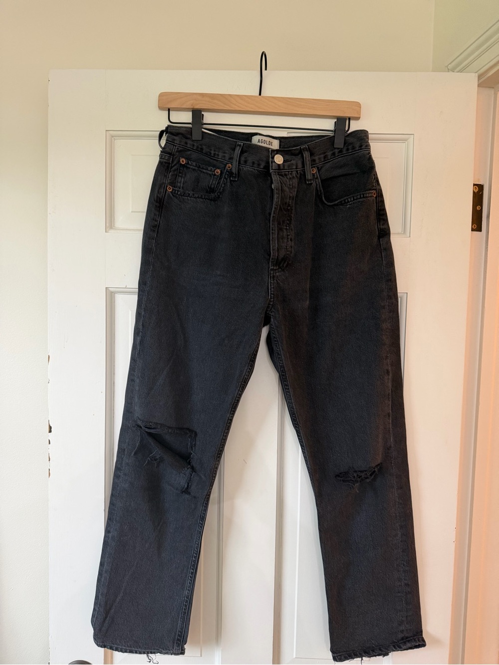 Agolde Rily Washed Black Boyfriend Jeans with Knee Rips Contraband